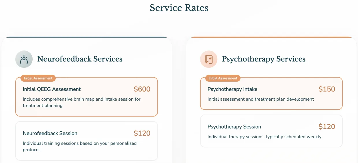 Screenshot of Lighthouse's published rates, listing a psychotherapy intake at $150 and a psychotherapy session at $120