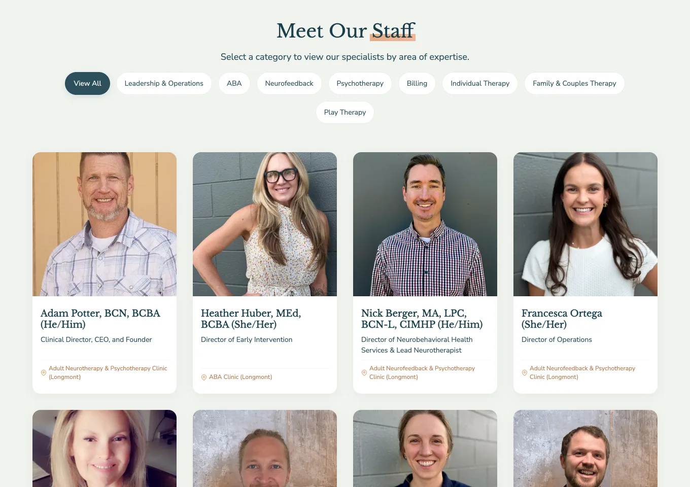 Screenshot of Lighthouse's Meet Our Staff page: a card per person with photo, name, credentials, pronouns, role and clinic