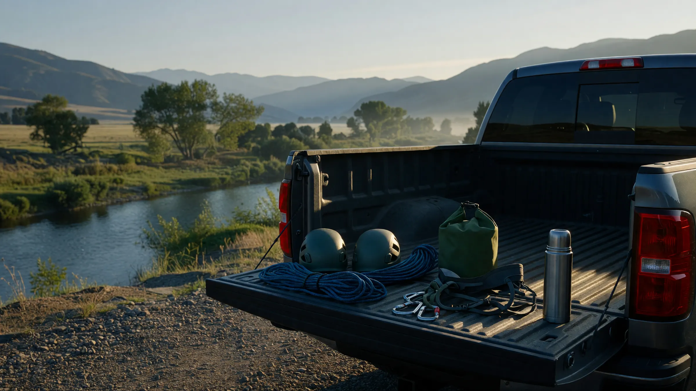 Climbing helmets, a coiled rope, a dry bag and carabiners on a truck tailgate at dawn above a river valley