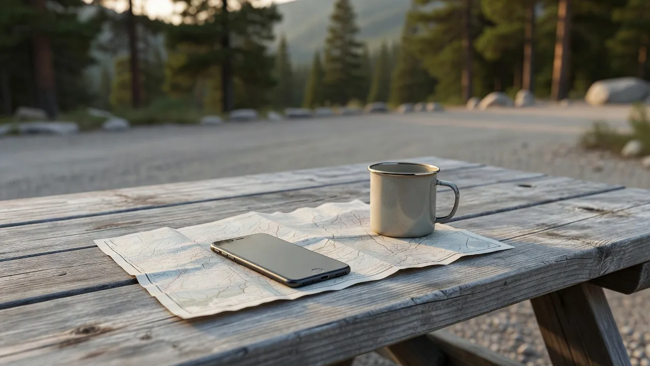 A phone and an enamel coffee mug on a folded trail map, on a weathered picnic table at a trailhead in morning light