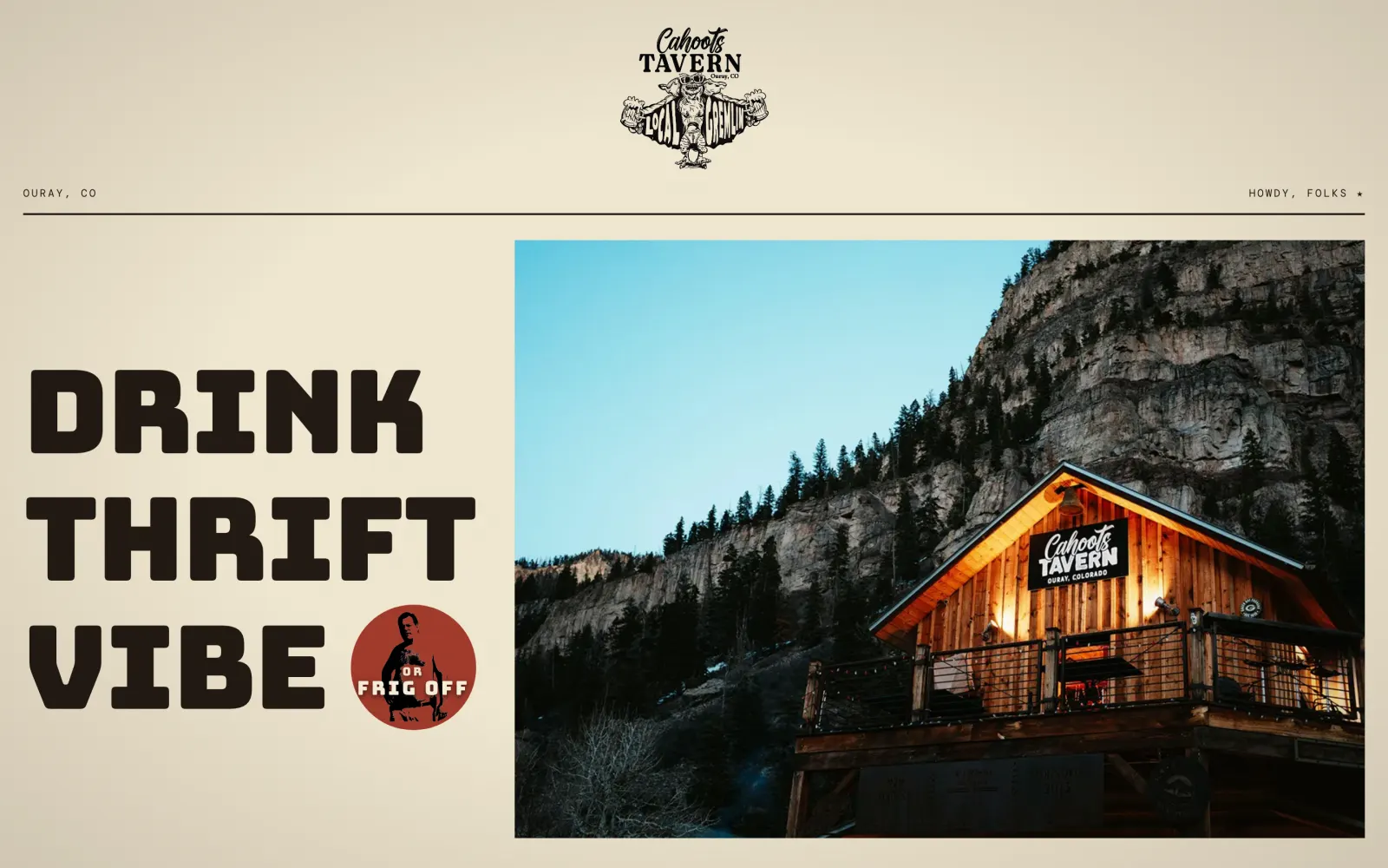 Cahoots Tavern homepage today: bold headline beside a photo of the wooden tavern under a cliff