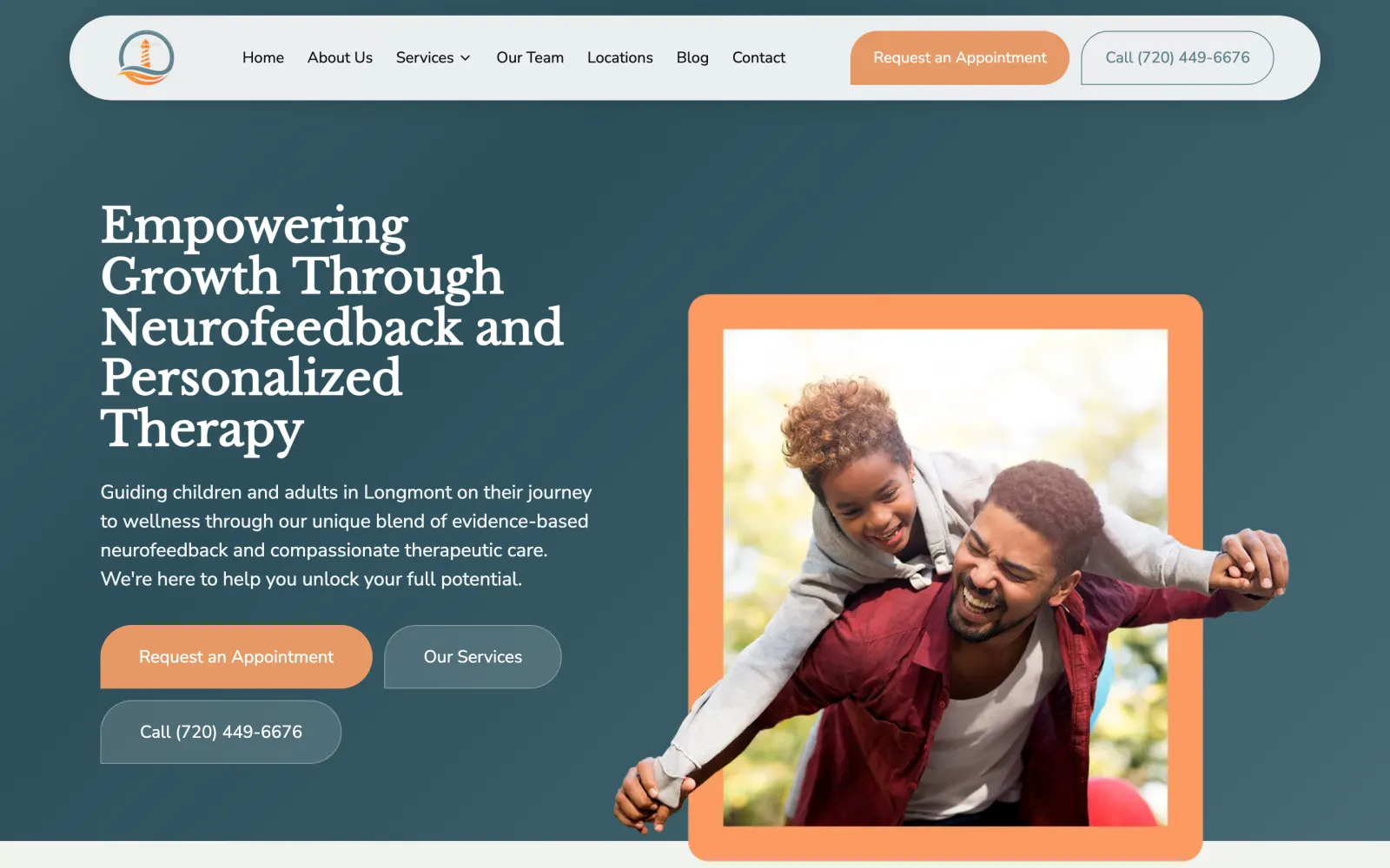 Redesigned Lighthouse Therapeutics homepage on a laptop: headline, Request an Appointment button, family photo