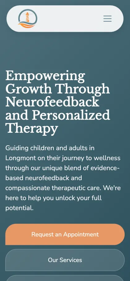The same redesigned Lighthouse Therapeutics homepage on a phone, appointment button near the top