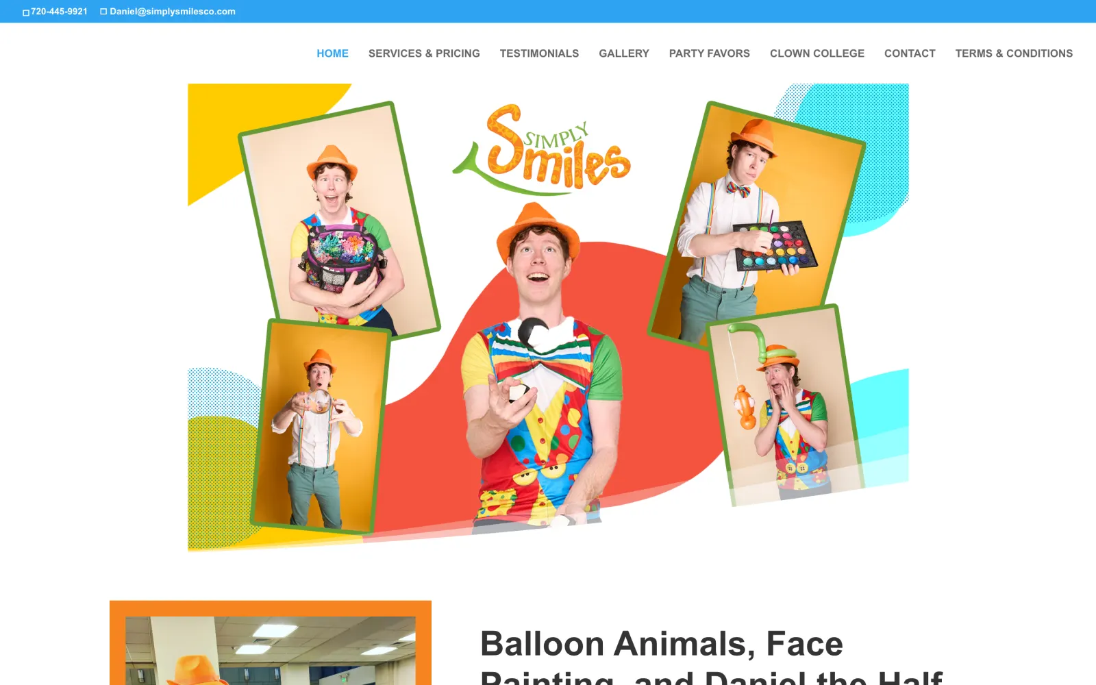 Old Simply Smiles WordPress homepage, archived July 2024: a photo collage of one performer in an orange hat
