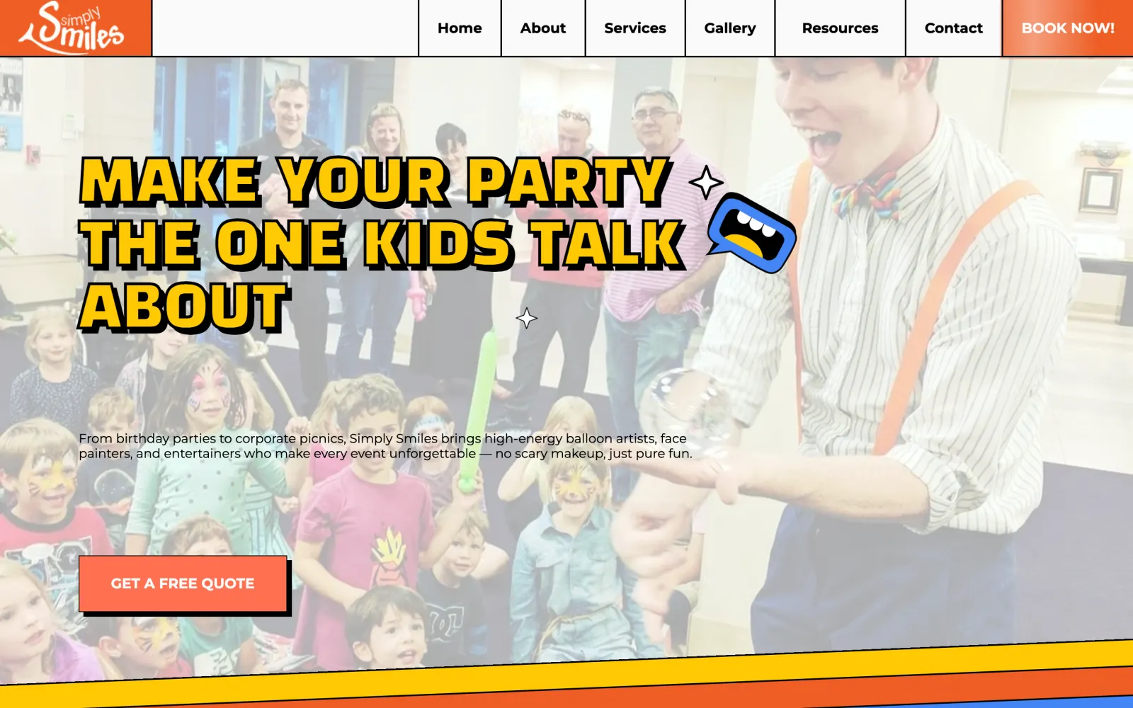 Simply Smiles homepage today: bold party headline over a photo of kids at a party, Book Now button in the menu