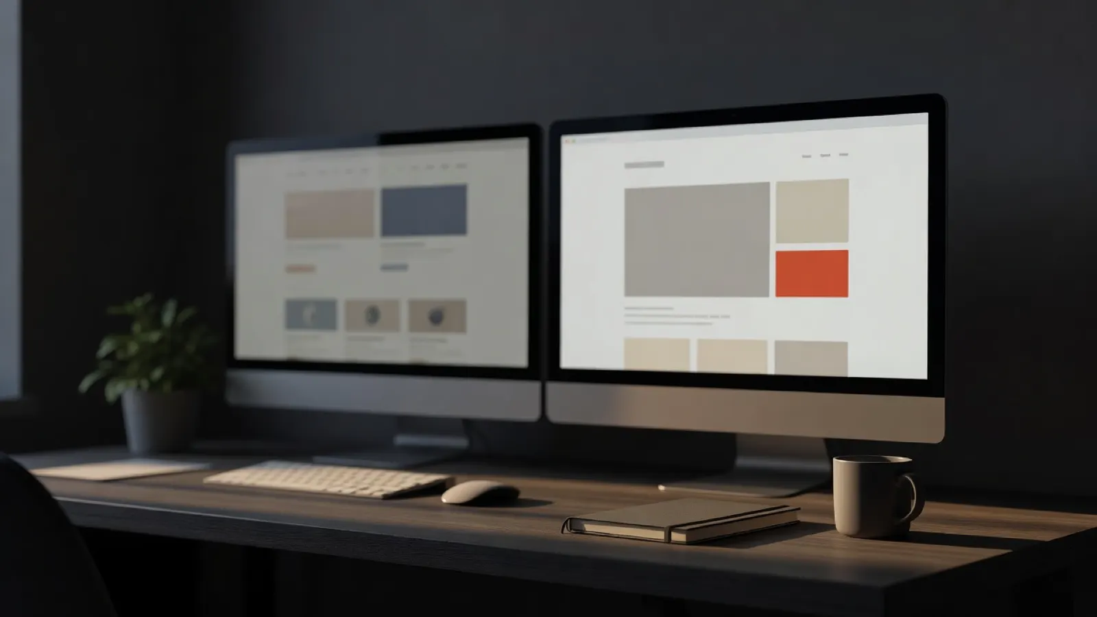 Studio desk in morning light with two monitors: an older busy web layout on one, a clean new layout on the other