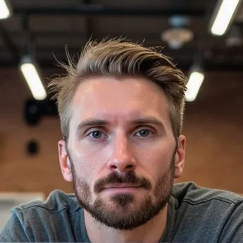 Kyle Rutten, short sandy hair and a beard, in a grey t-shirt, looking straight at the camera