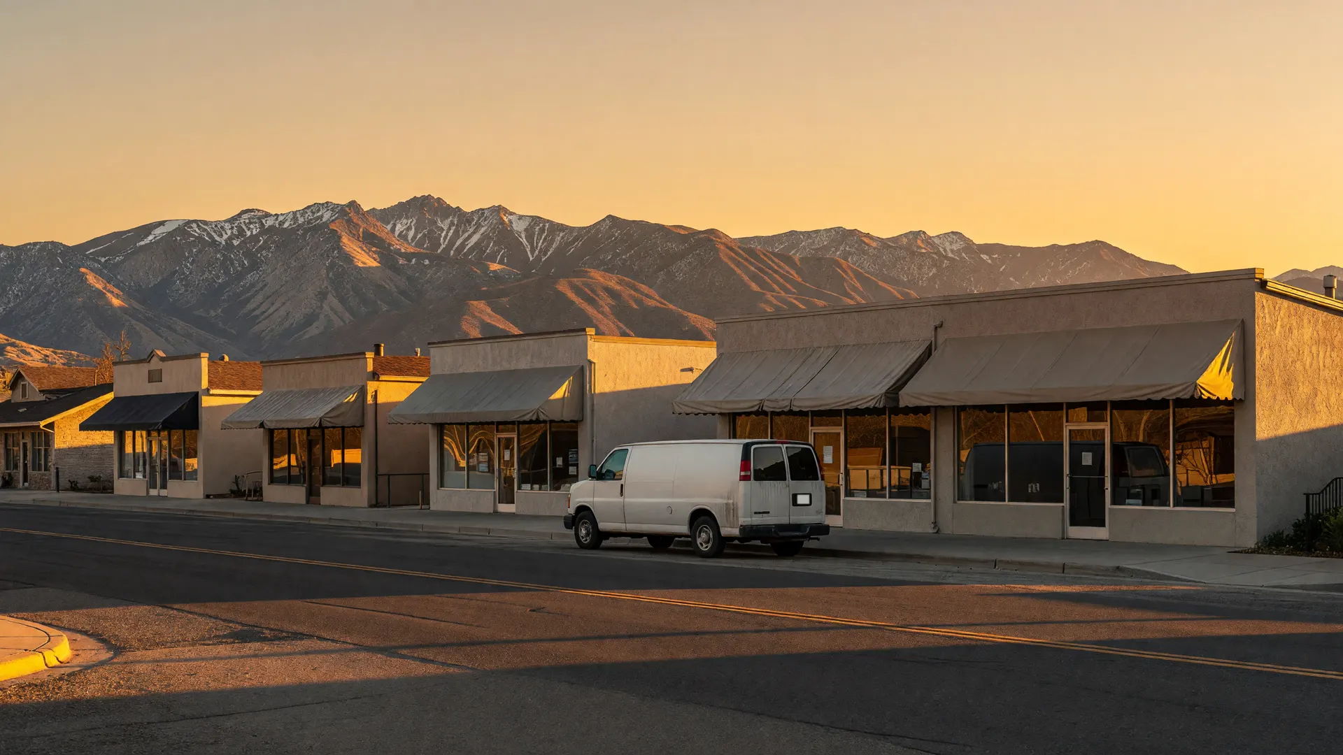 A row of small shops with a white work van parked out front at golden hour, a long snow-dusted mountain range behind