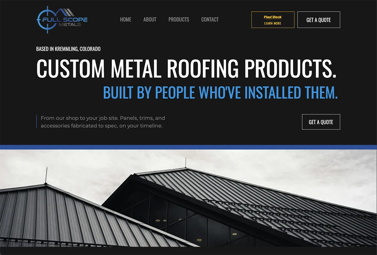 Full Scope Metals' homepage: a standing-seam metal roof under a grey sky, with Get a Quote buttons
