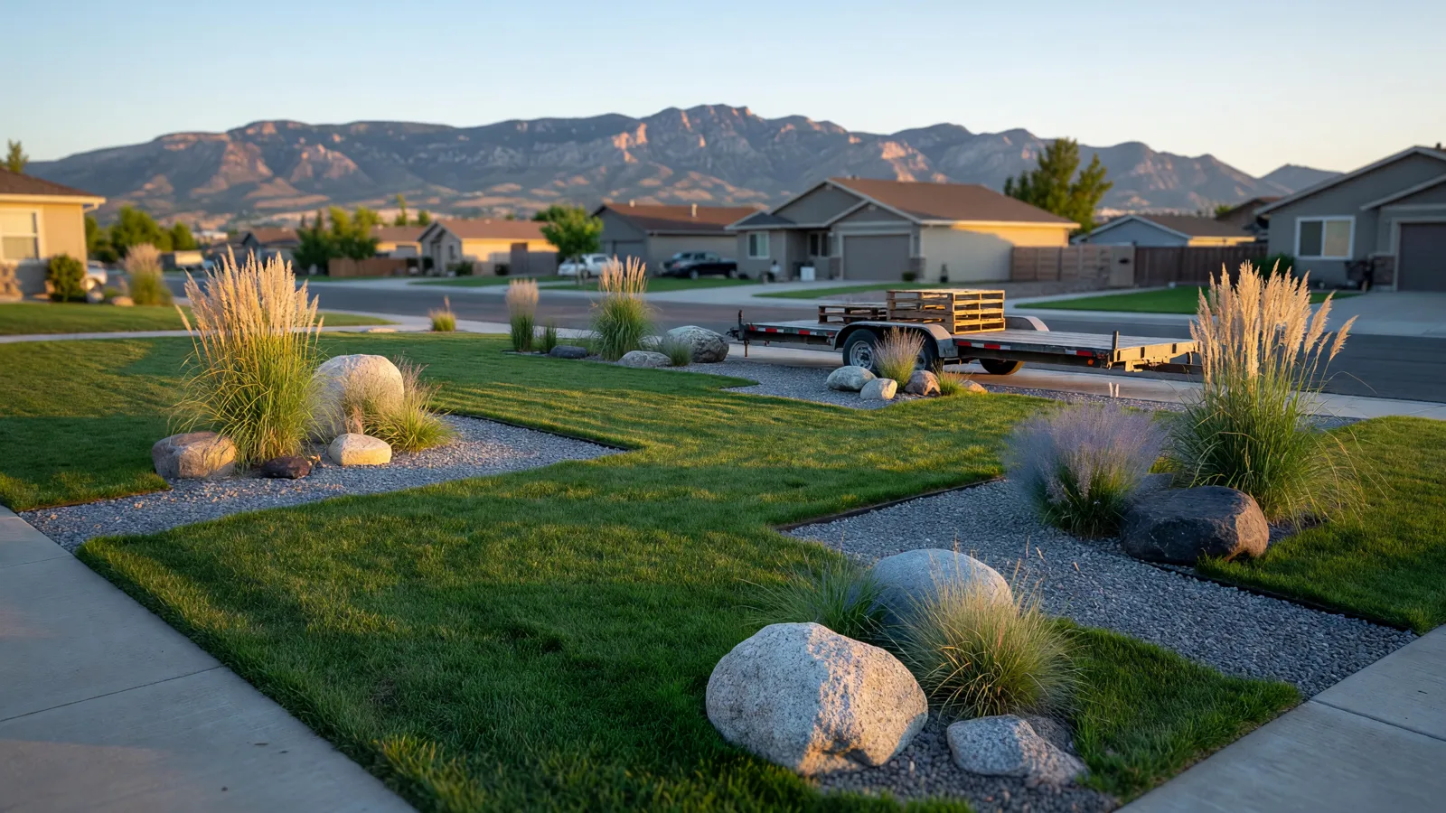 A newly finished front yard with gravel beds, boulders and fresh sod, a trailer at the curb, the Oquirrh Mountains behind