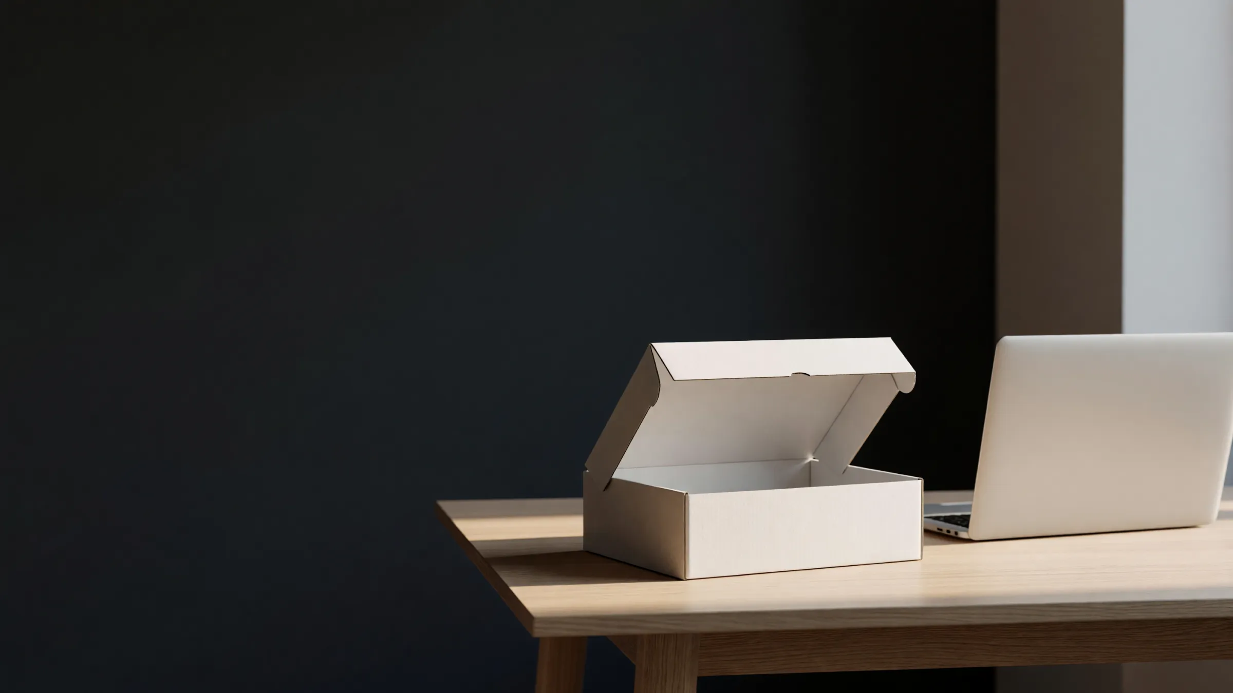 A plain white box with no label, lid open, on an oak desk beside a laptop in soft morning light