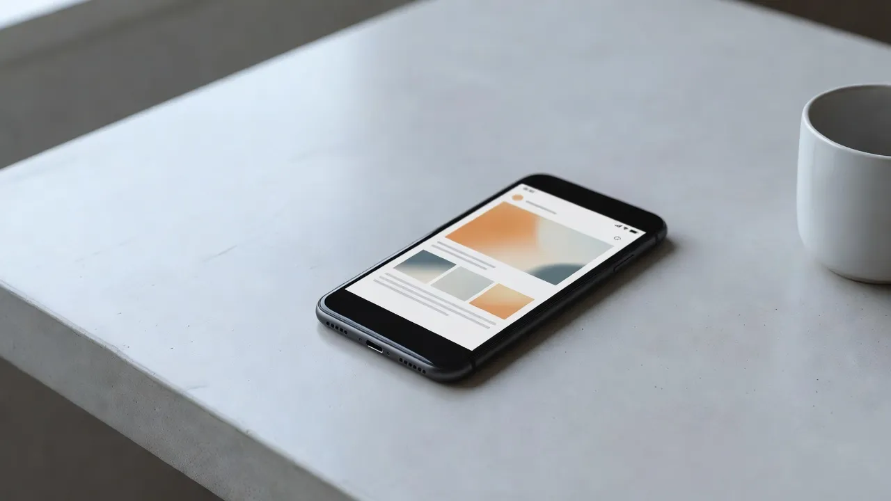 Phone lying on a pale concrete desk beside a white coffee cup, its screen showing a simple, colourful web page
