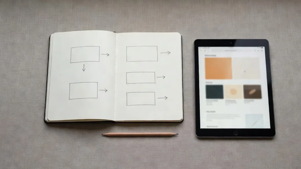 Open sketchbook with pencil boxes and arrows beside a tablet showing a blurred web page, on a grey linen desk