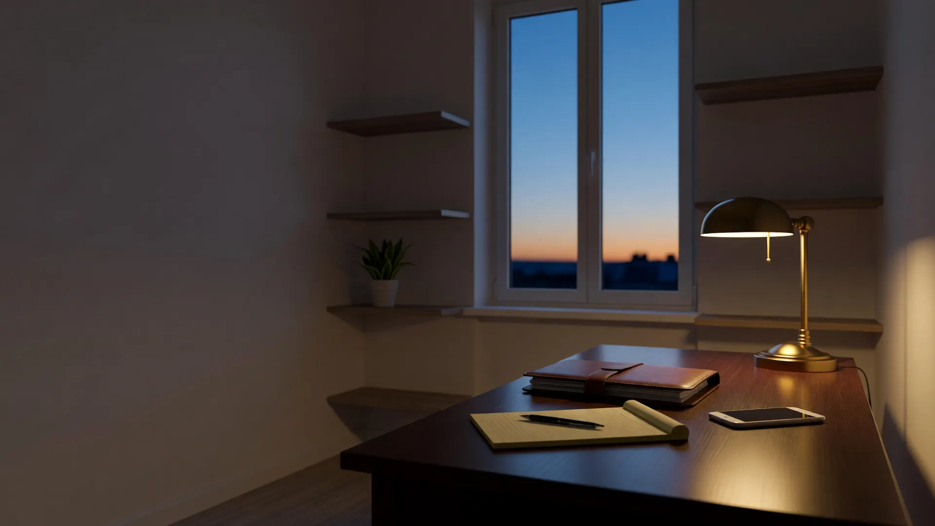 A lit desk lamp over a legal pad and a phone in an empty office at dusk