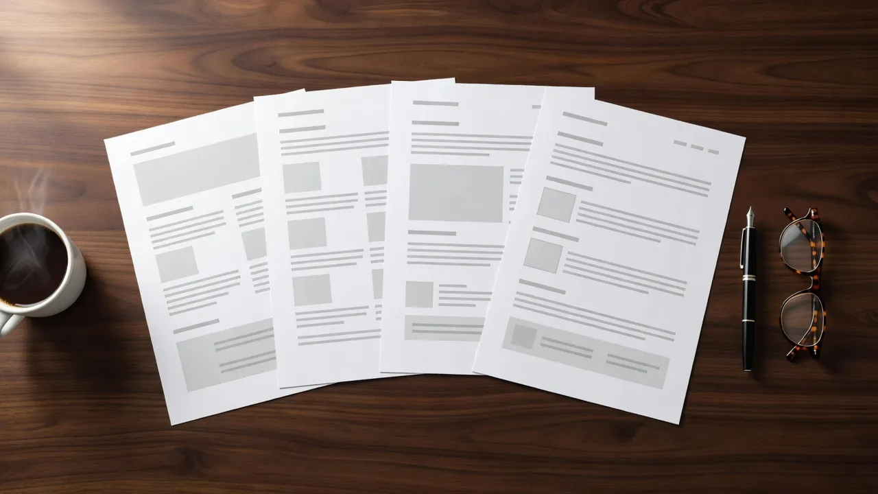 Four printed page drafts fanned across a walnut desk, with a fountain pen, reading glasses and a cup of coffee