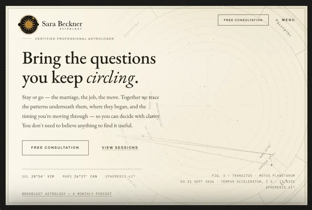 Sara Beckner Astrology homepage: cream star-chart background, headline Bring the questions you keep circling, gold sun logo