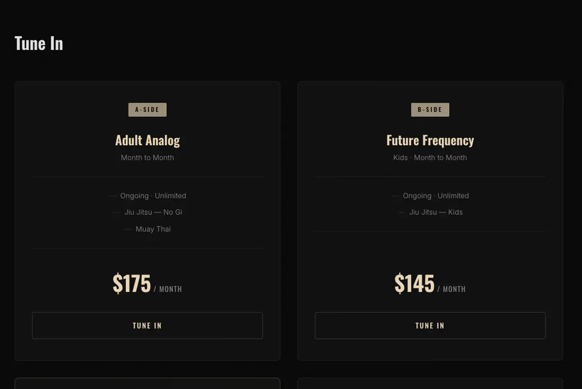 Analog Jiu Jitsu pricing on the gym's own site: Adult Analog at $175 a month, Future Frequency for kids at $145 a month