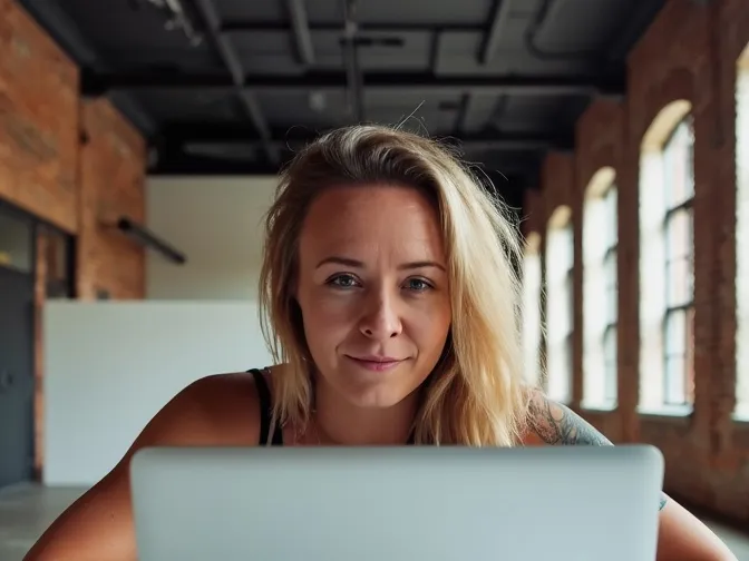 Katie, who runs Bullfinch projects and client accounts, sitting behind a laptop in a sunlit brick loft with a slight smile