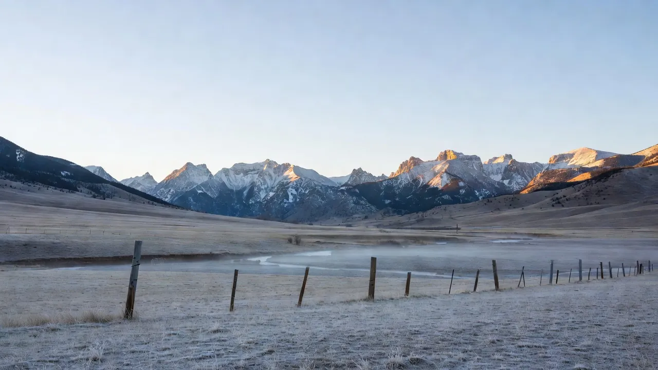 Early morning in the Colorado mountains: snow-dusted peaks catching the first sun above open ranchland still in blue shadow