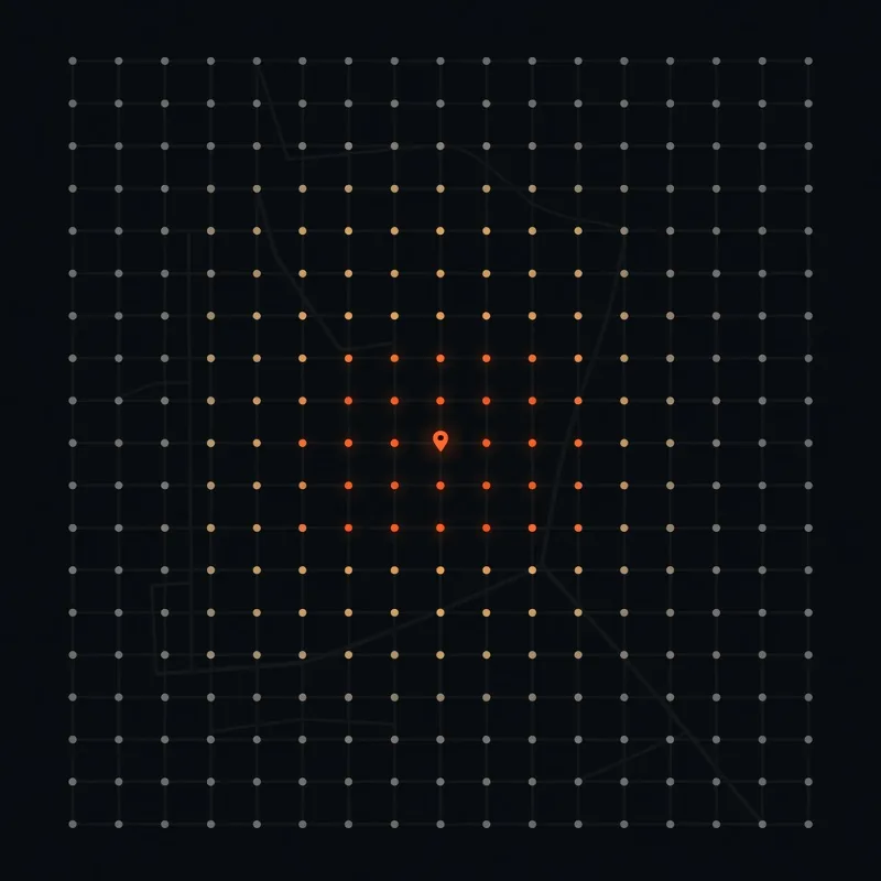 Geogrid of rank dots over a street grid: orange around one central pin, fading to amber, then grey toward the edges