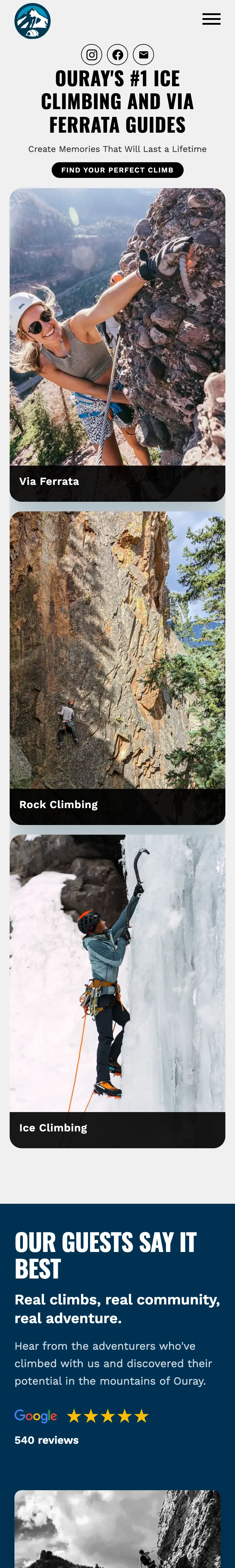 Basecamp Ouray site on a phone: climbing guides, a Find your perfect climb button, trip photo cards and 540 Google reviews