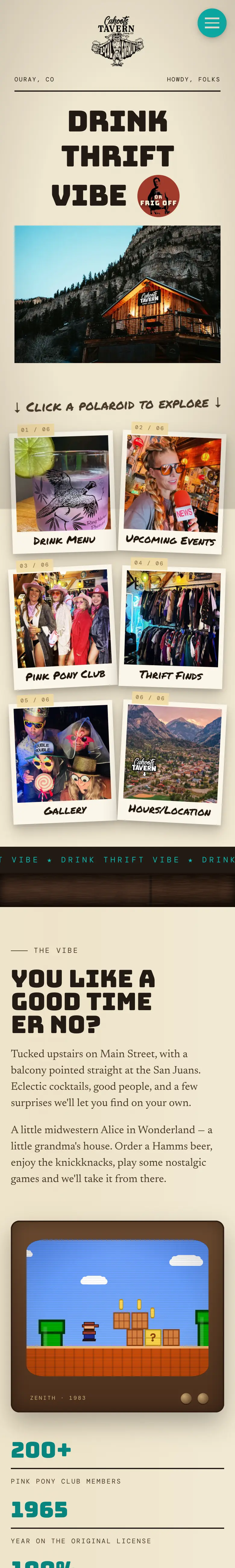 Cahoots Tavern site on a phone: the headline Drink Thrift Vibe, a dusk photo of the tavern and polaroids for menu and hours