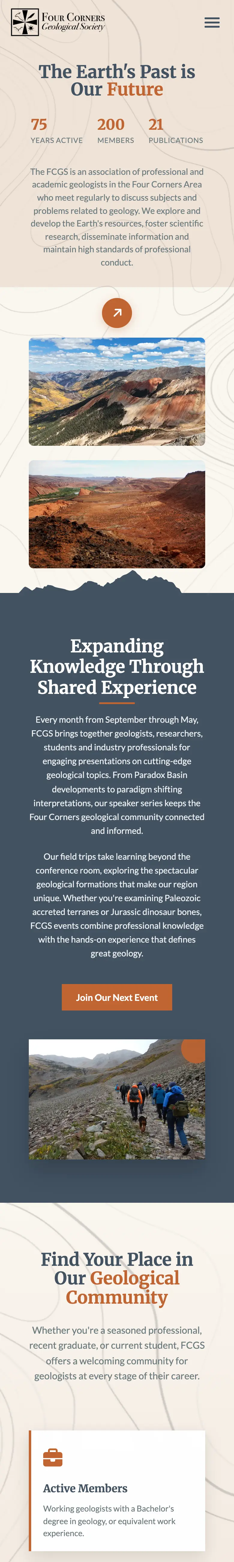 Four Corners Geological Society site on a phone: The Earth's Past is Our Future, red-rock photos and membership cards