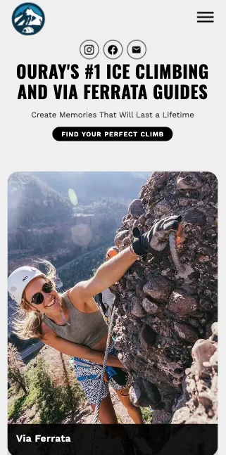 Basecamp Ouray homepage on a phone: a booking button above a smiling climber on a via ferrata