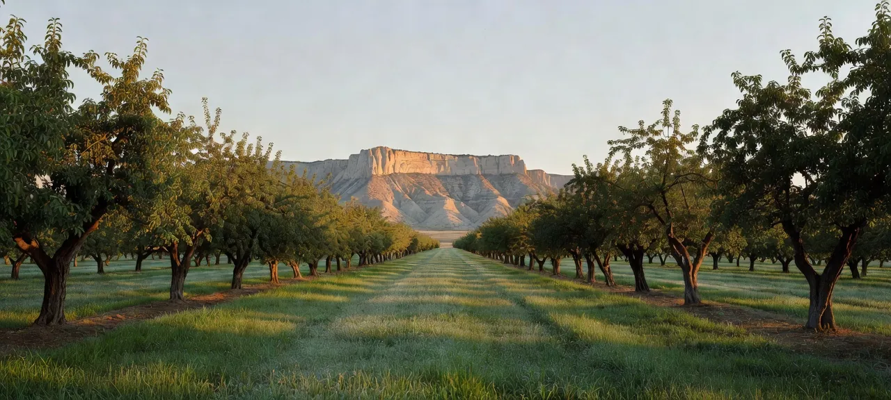Illustration of Grand Valley orchard rows at first light, running back to the Book Cliffs lit orange by the rising sun