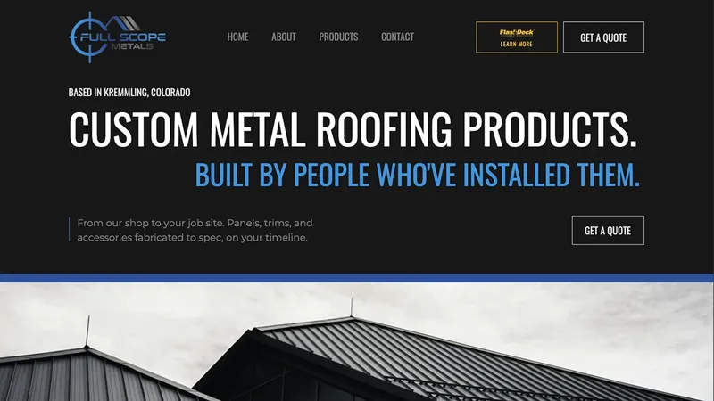 The Full Scope Metals homepage: a dark page headed "Custom metal roofing products" above a photo of a metal roof.