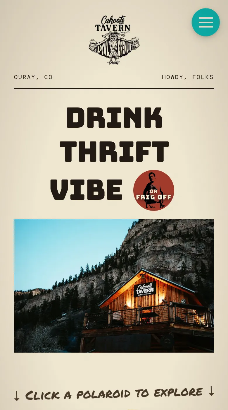 The Cahoots Tavern homepage on a phone: the headline Drink thrift vibe over a dusk photo of the timber tavern