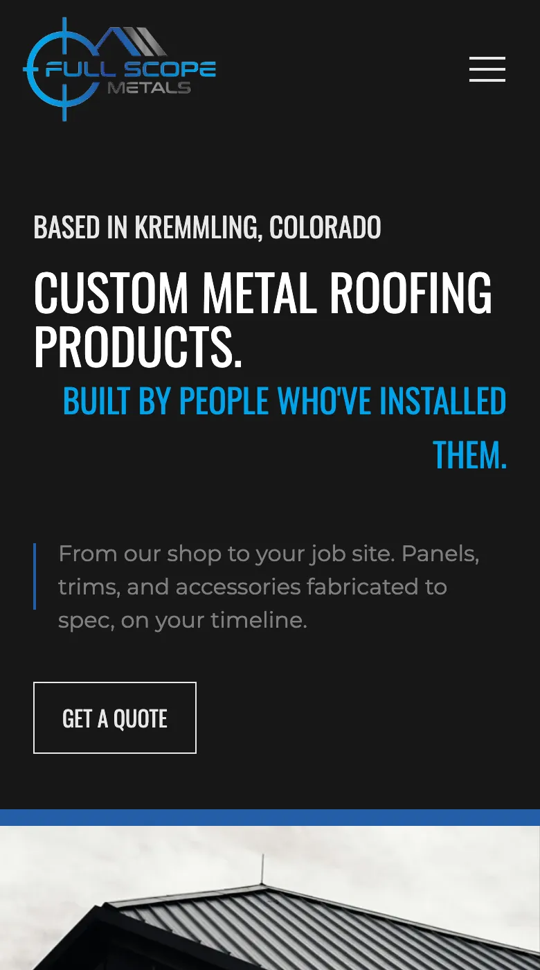 The Full Scope Metals homepage on a phone: the headline Custom metal roofing products and a Get a quote button