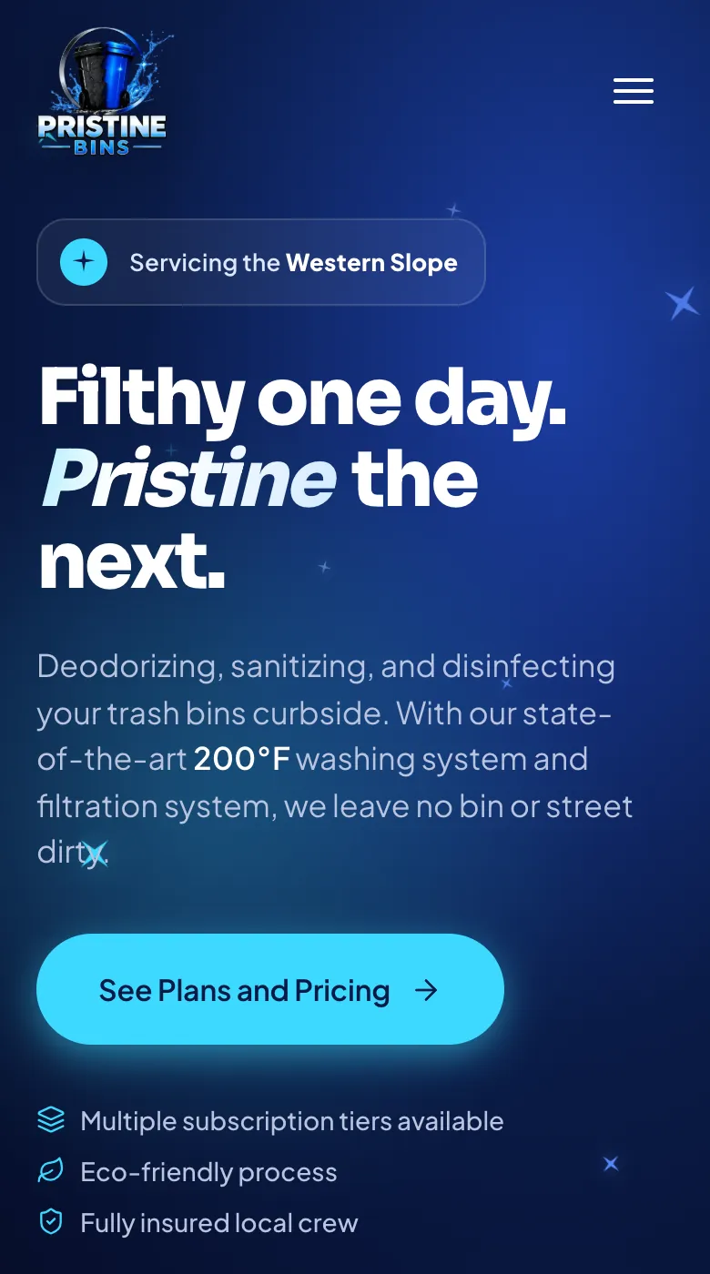 The Pristine Bins homepage on a phone: a deep blue page headed Filthy one day. Pristine the next.
