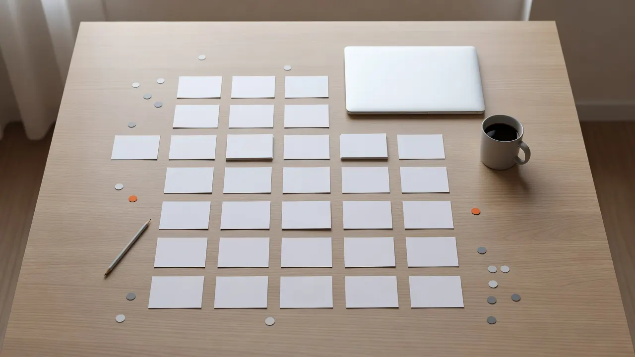 A website page plan laid out as rows of blank index cards beside a laptop