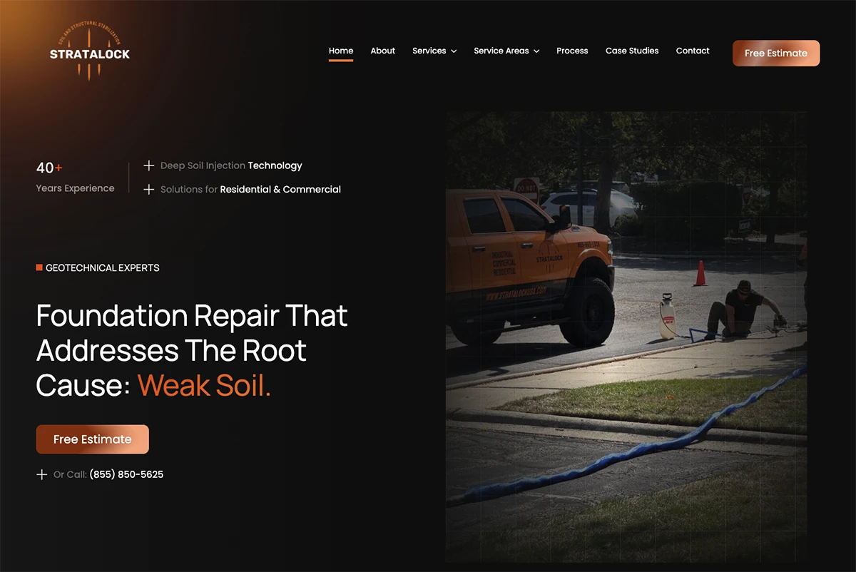 Stratalock foundation repair homepage on a desktop screen, with a crew injecting soil beside their work truck