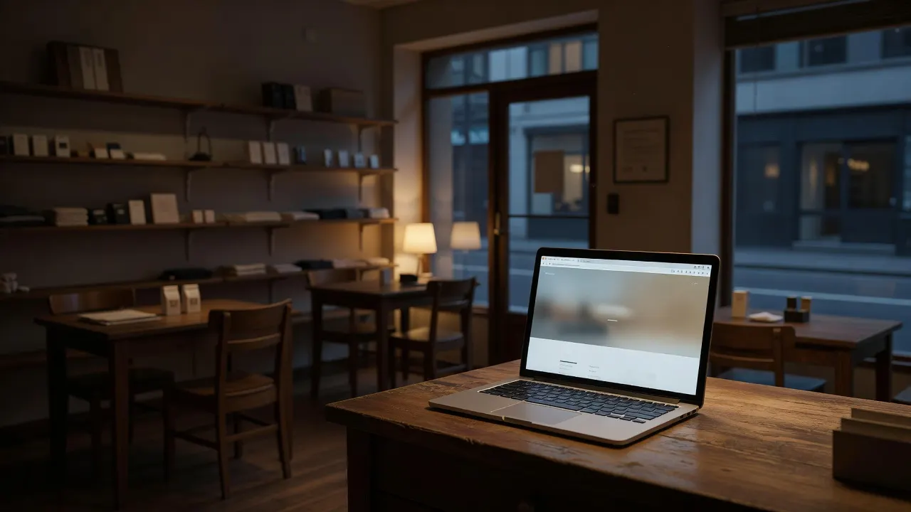 A laptop showing a polished website on the counter of an empty shop after closing